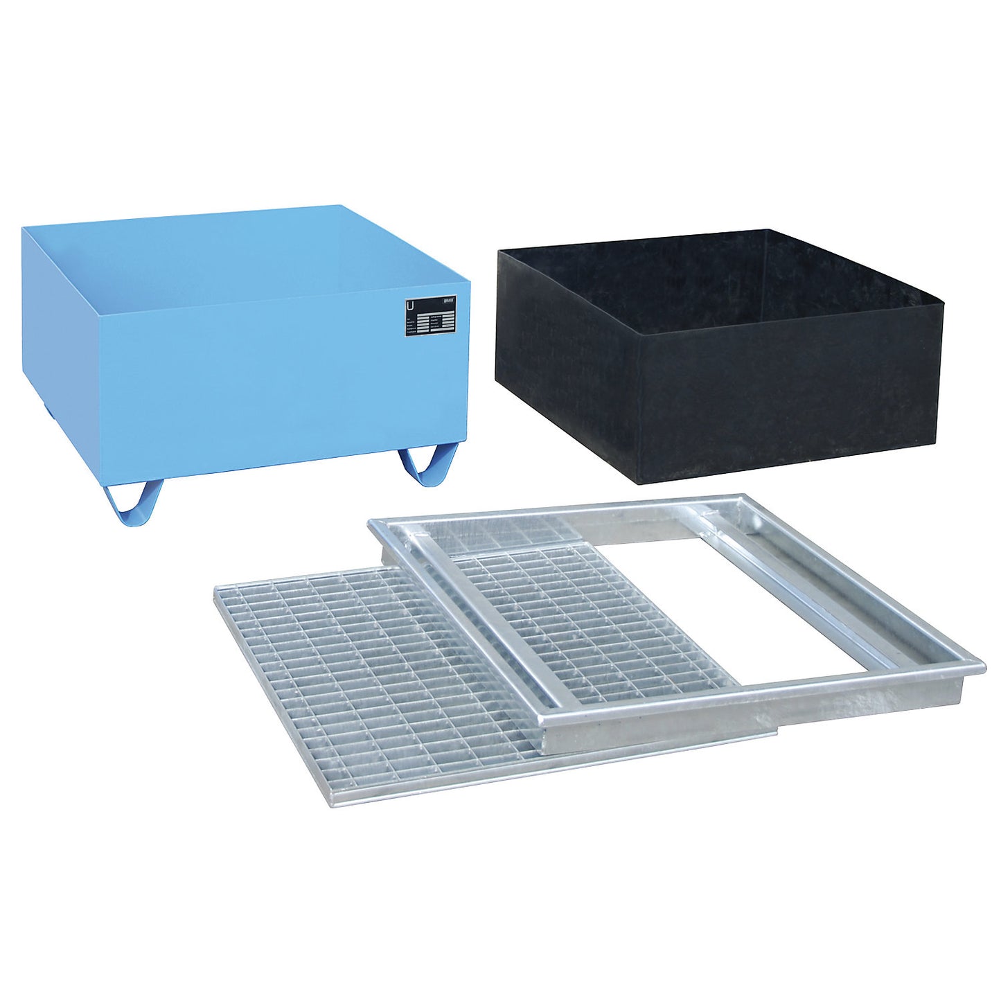 Steel sump tray with PE insert, for 200 l drums, LxWxH 815 x 815 x 468 mm, painted blue.