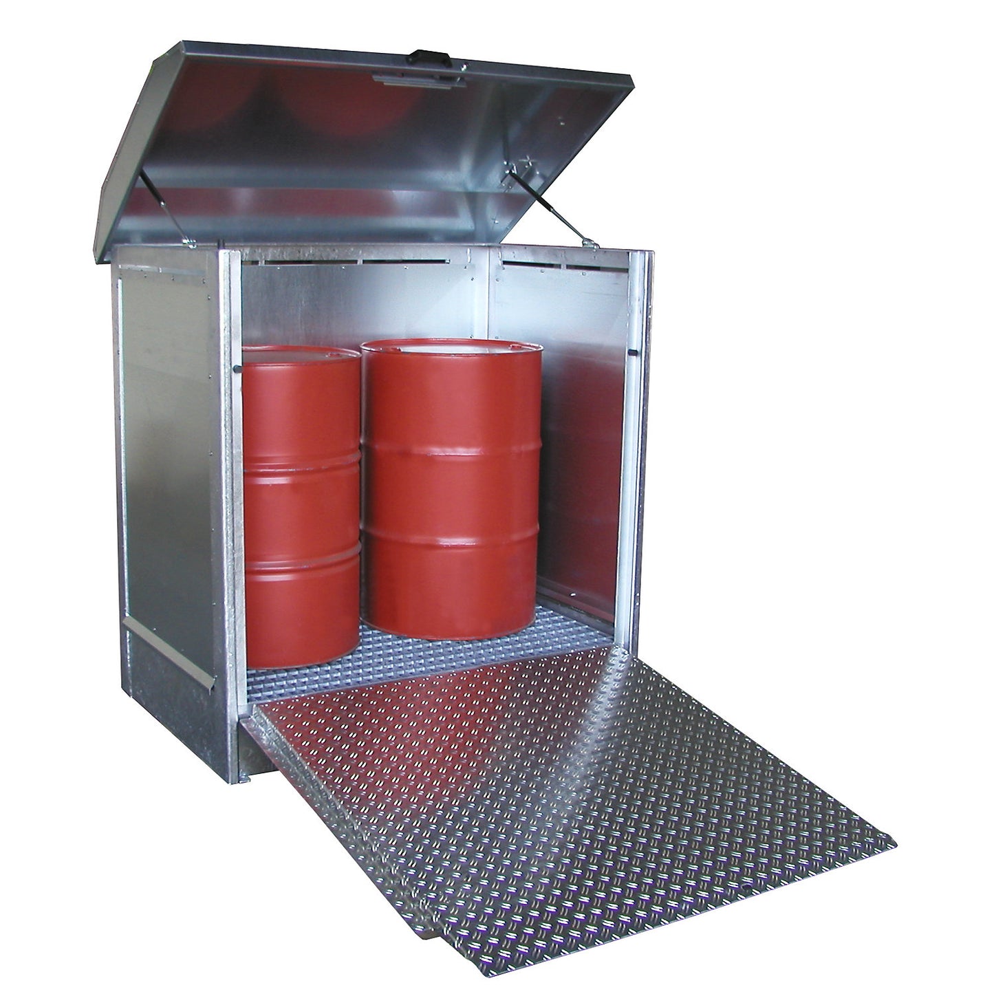 Hazardous goods storage unit, with aluminium door as loading ramp, for 2 x 200 litre drums, zinc plated.