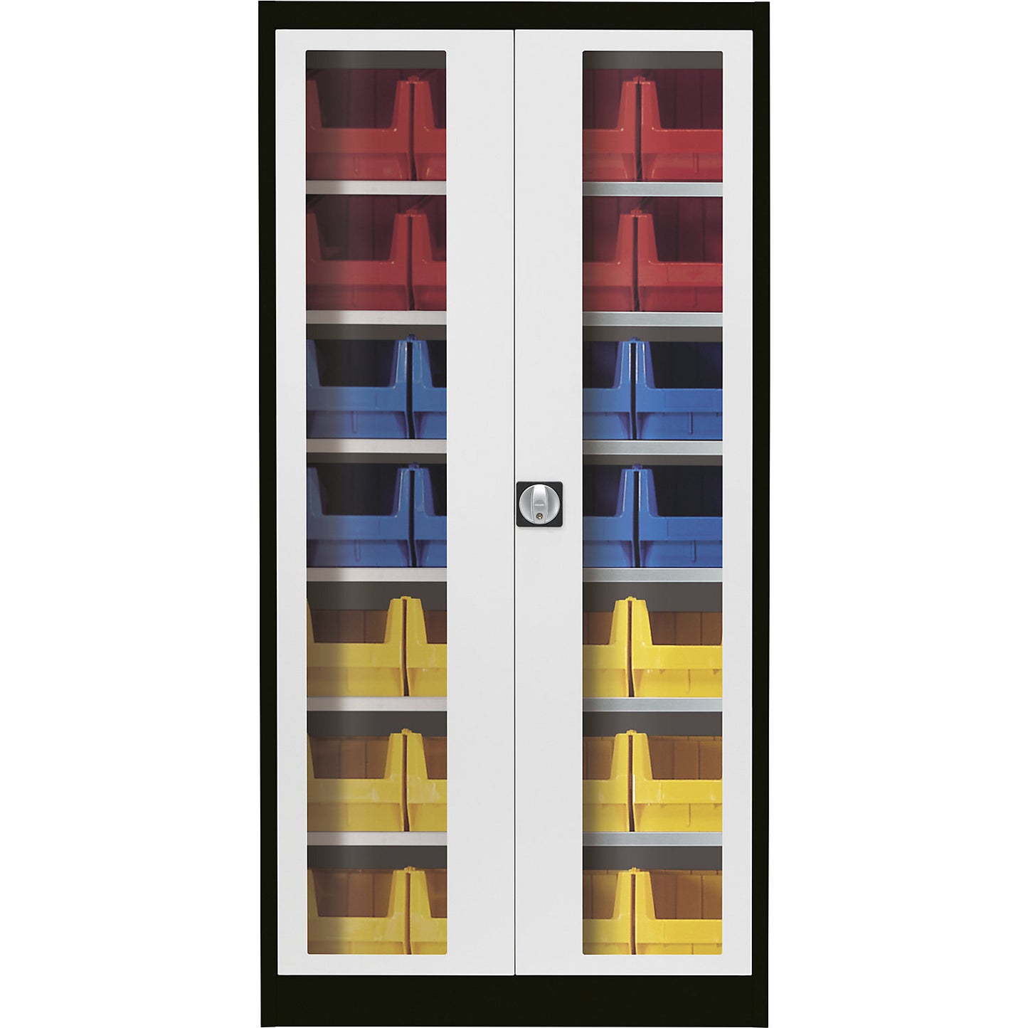 Vision panel double door cupboard, with 28 open fronted storage bins, graphite black / light grey.