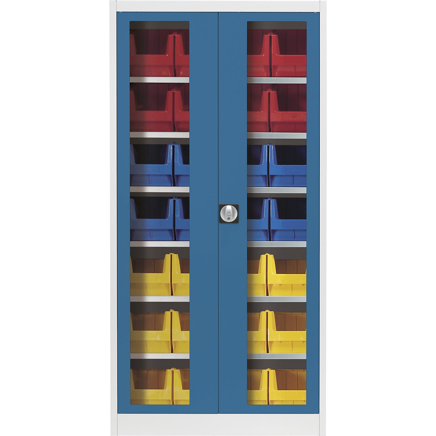 Vision panel double door cupboard, with 28 open fronted storage bins, light grey / brilliant blue.