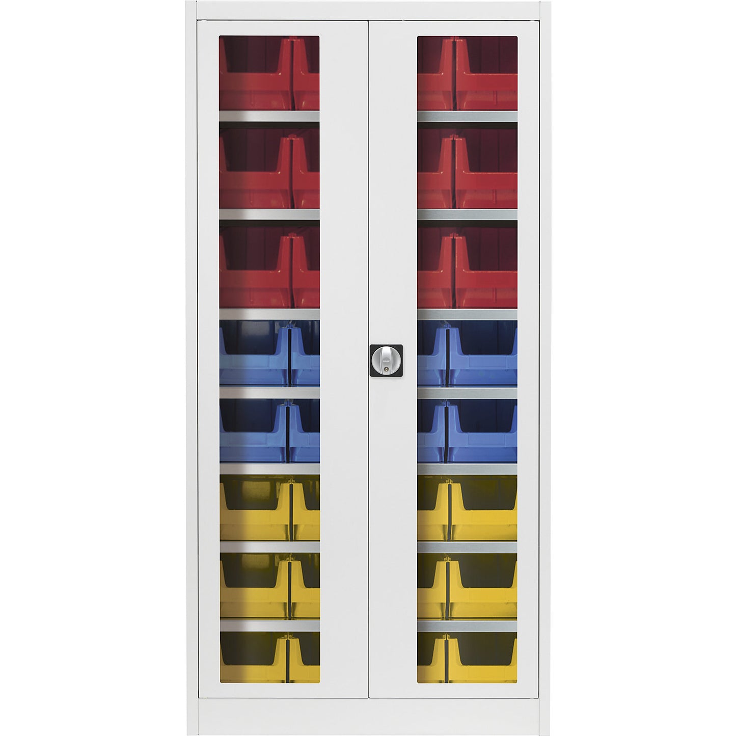 Vision panel double door cupboard, with 32 open fronted storage bins, light grey.