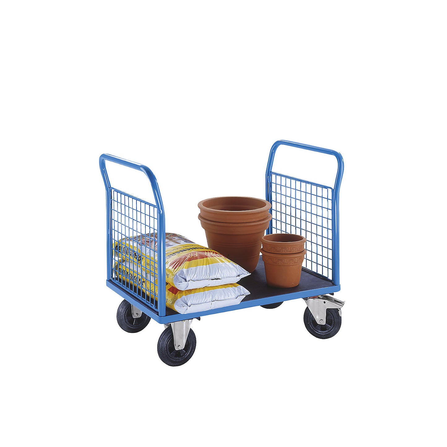 Platform truck with mesh panels, 2 mesh end panels, LxW 1250 x 800 mm, solid rubber tyres.