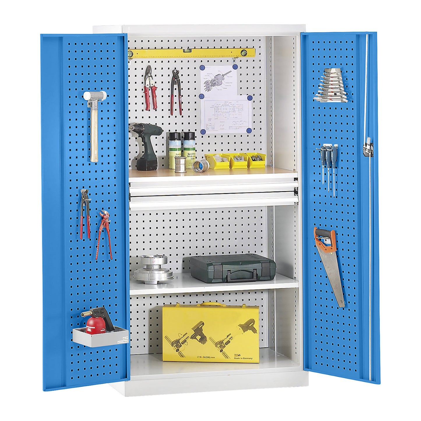 Empty tool cupboard housings, inside of doors and rear wall with perforations, blue doors.