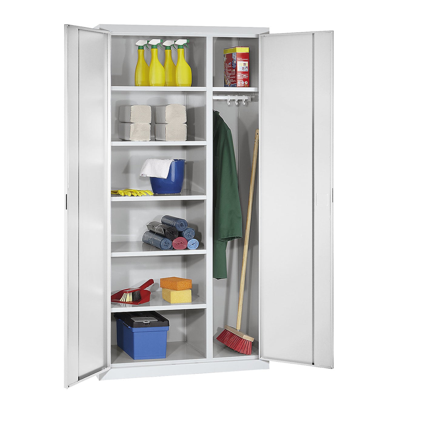 Cleaning cupboard, 6 shelves, 1 clothes rail, depth 400 mm, light grey.