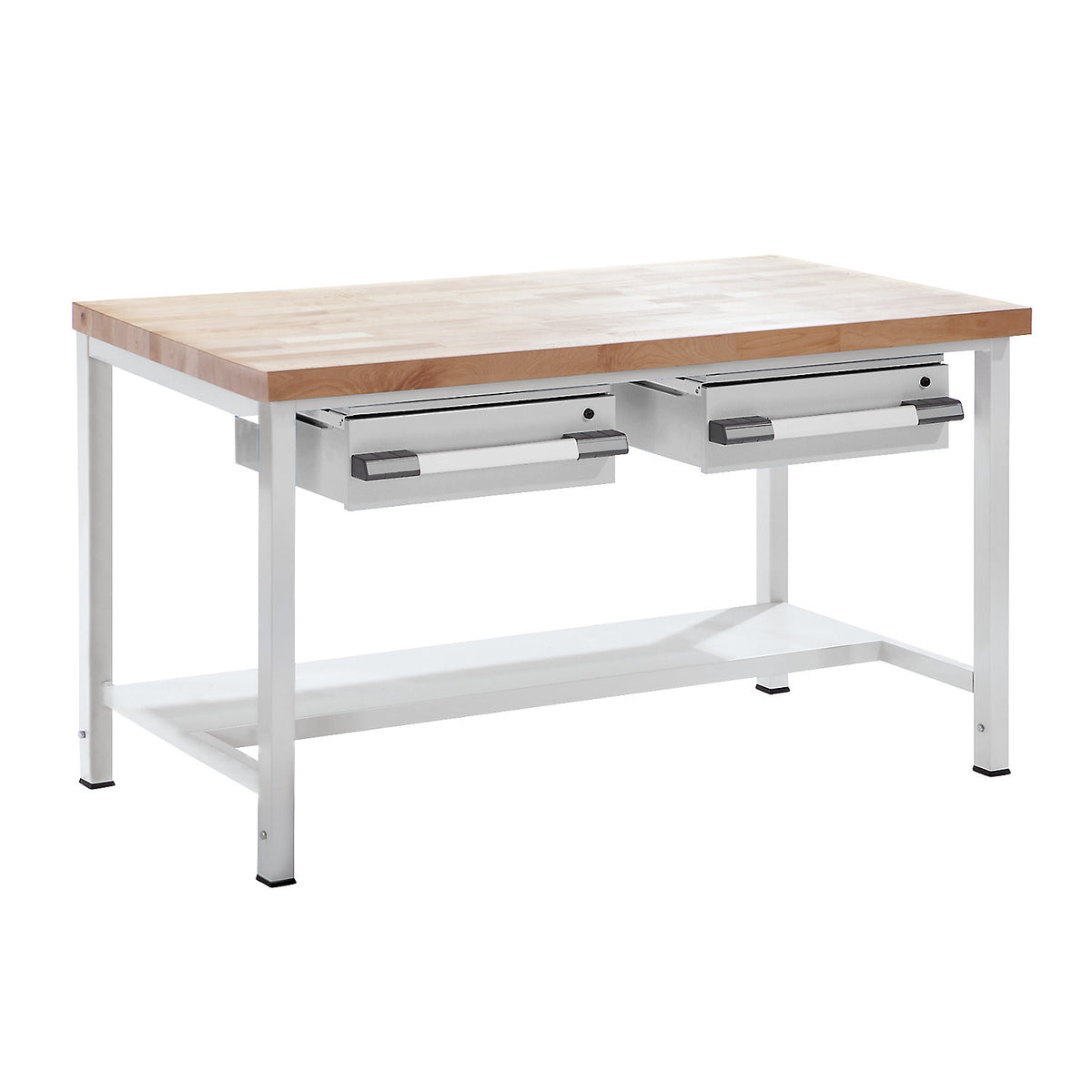 Height-adjustable workbench, frame construction, with drawers, width 1500 mm, grey.