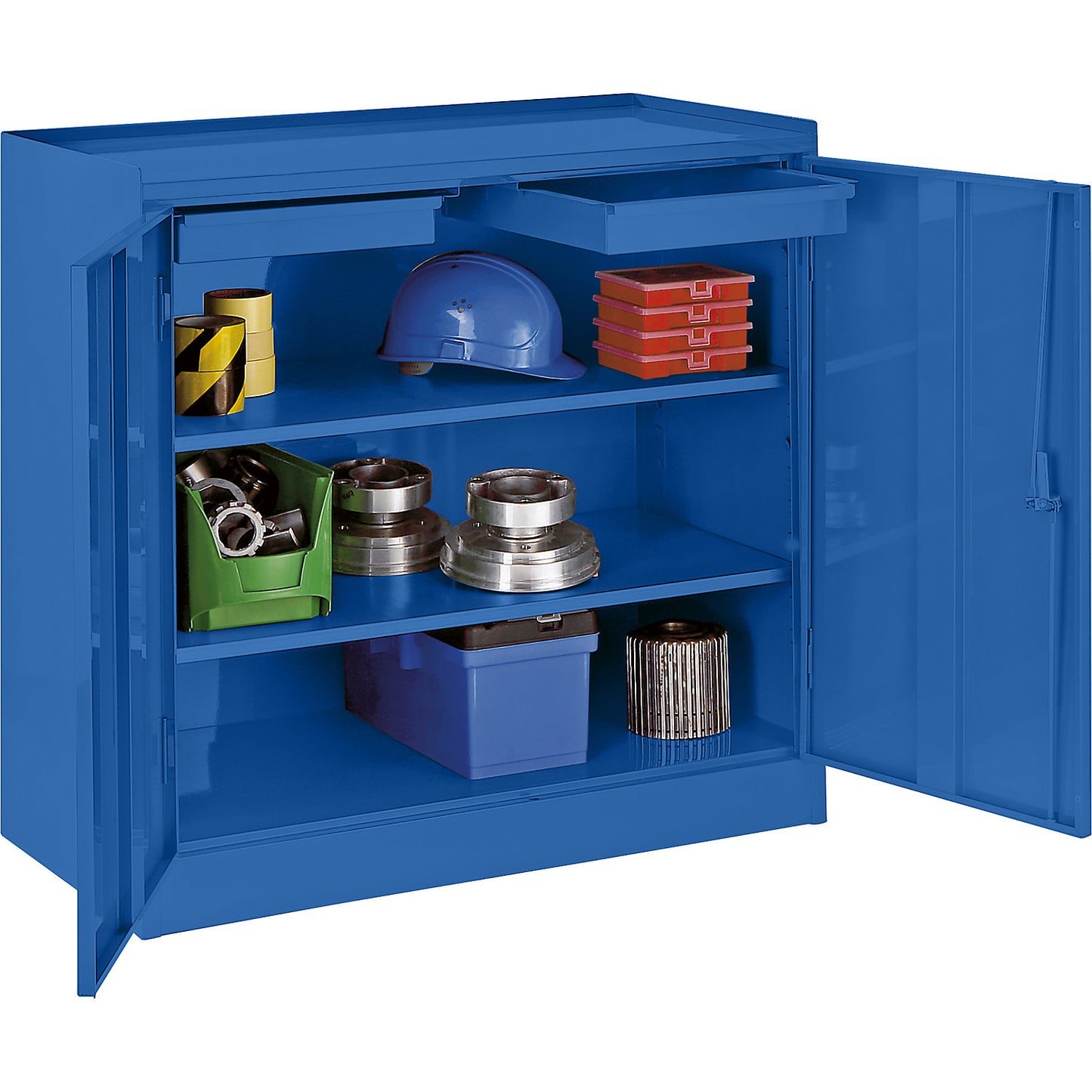 Tool cupboard, with 2 drawers, 2 full length shelves, gentian blue RAL 5010.