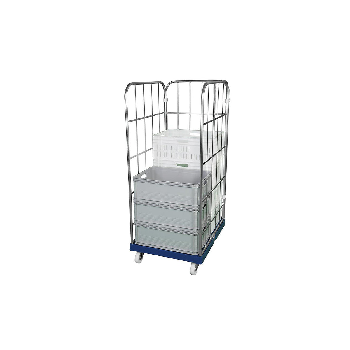Roll container with plastic dolly, 3-sided, WxD 682 x 815 mm, effective height 1460 mm.