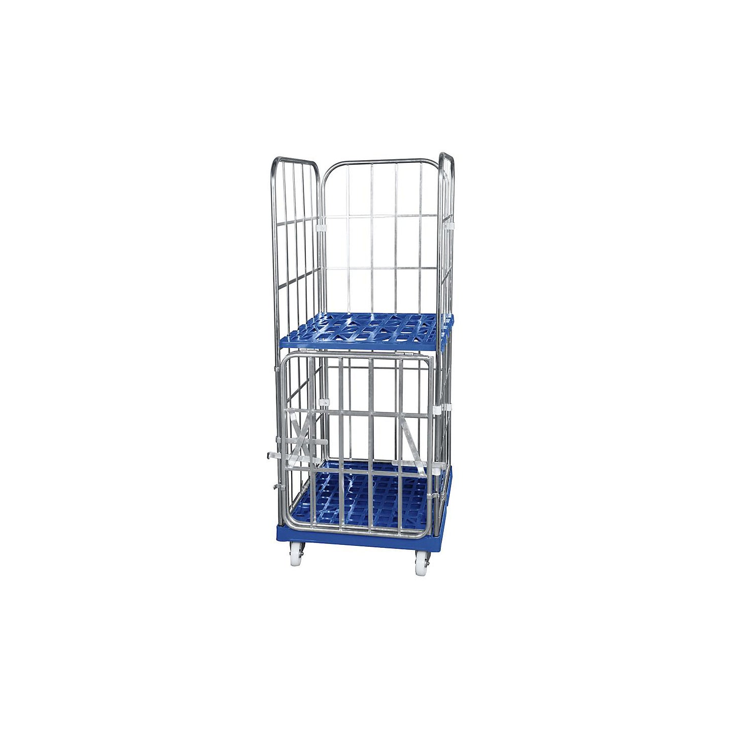 Roll container with plastic dolly, 4 sided, WxD 724 x 815 mm, folding front panel, effective height 1650 mm.