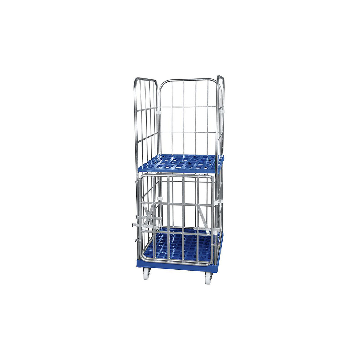 Roll container with plastic dolly, 4 sided, WxD 724 x 815 mm, folding front panel, effective height 1650 mm.