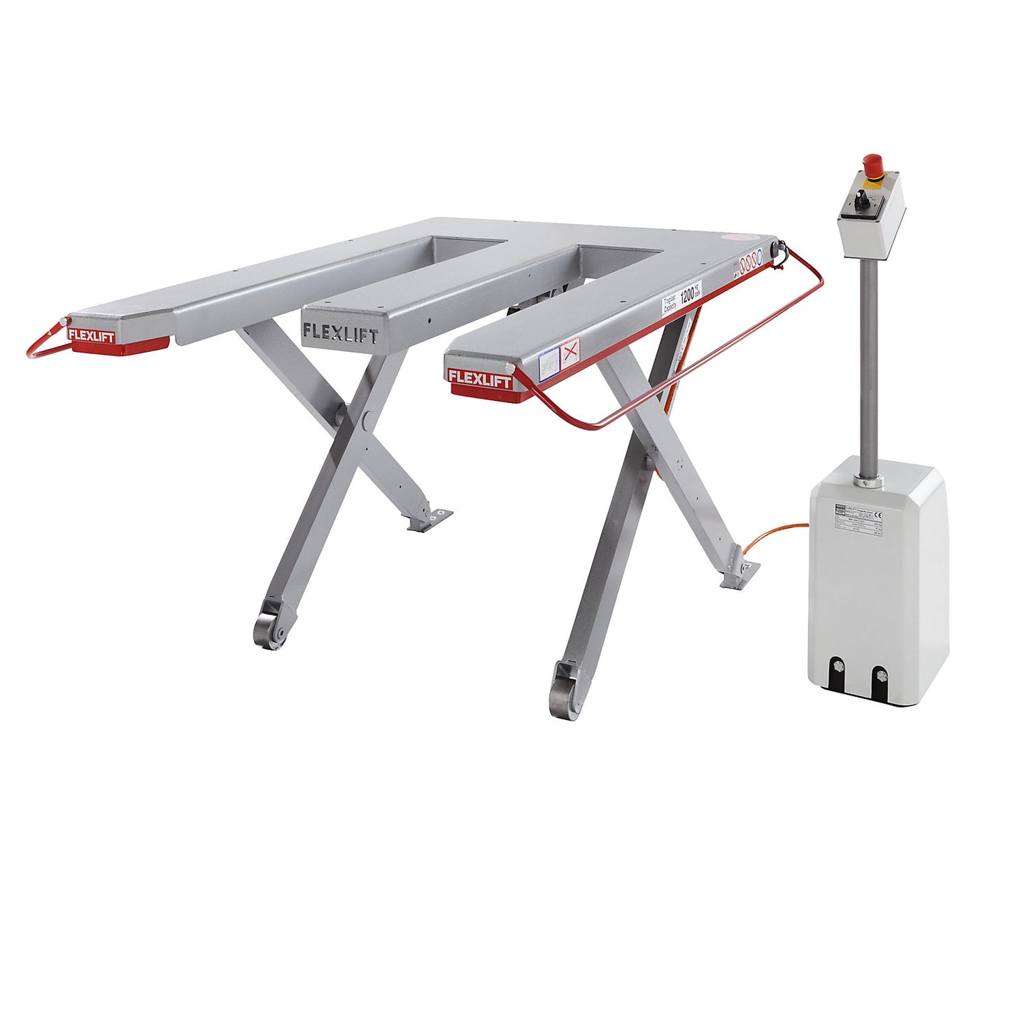 Low profile lift table, E series, max. load 1500 kg, LxW 1300 x 1150 mm, 400 V 3-phase.