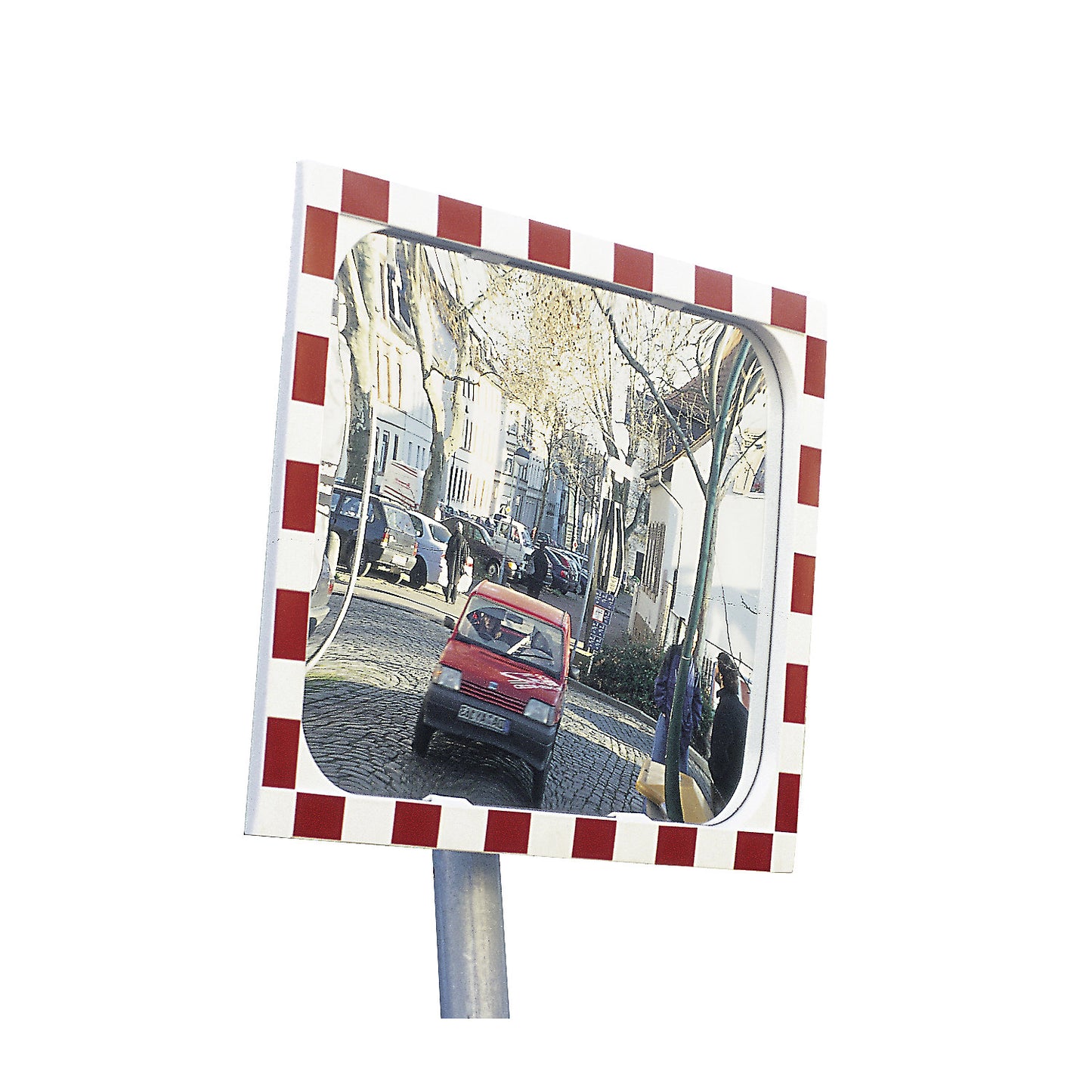 Traffic mirror, mirror made of Sekurit safety glass, plastic frame, reflective red, mirror dimensions WxH 600 x 400 mm.