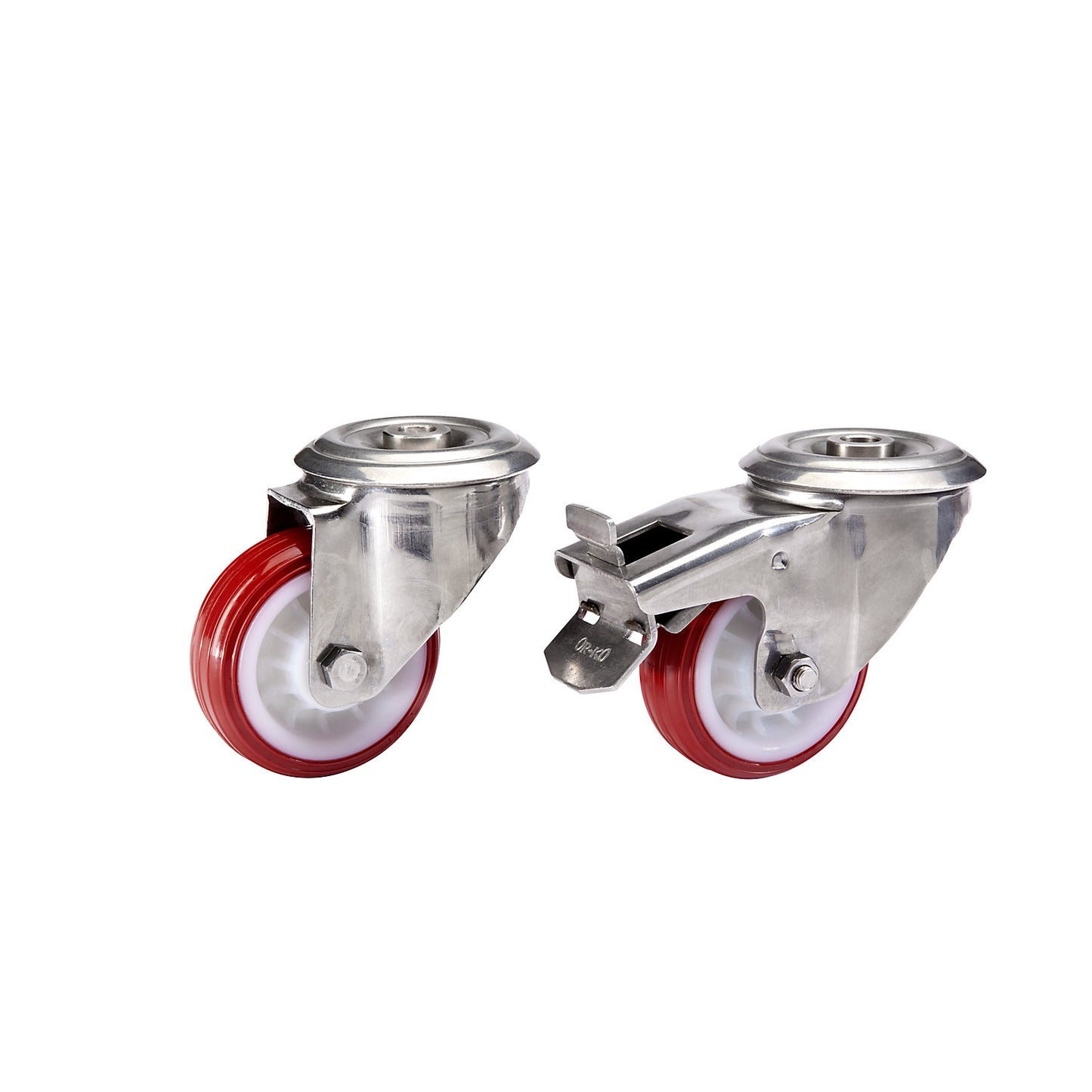 Stainless steel wheel set, 4 swivel castors, 2 with wheel stops.