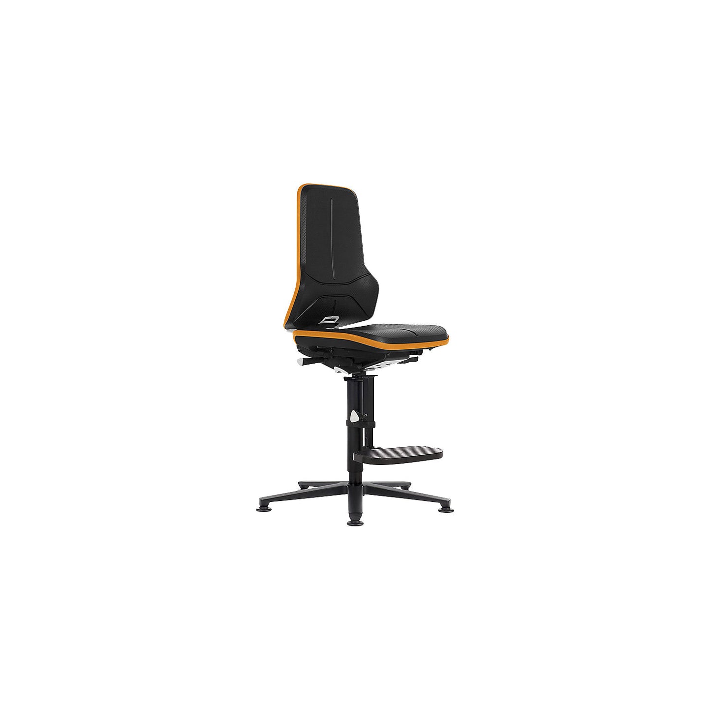 NEON ESD industrial swivel chair, floor glides, step-up, permanent contact mechanism, skintec, orange bumper.