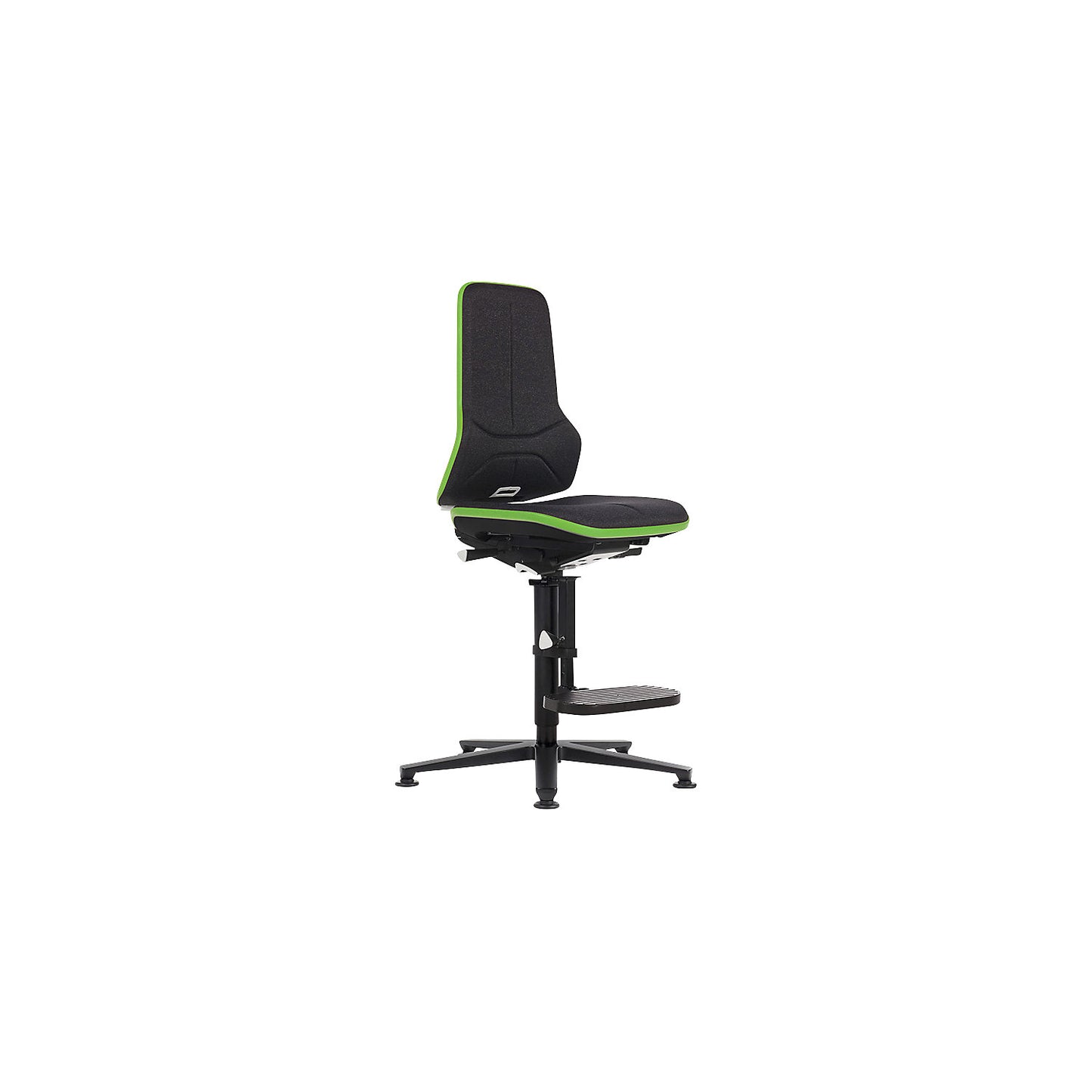 NEON ESD industrial swivel chair, floor glides, step-up, permanent contact mechanism, fabric, green bumper.