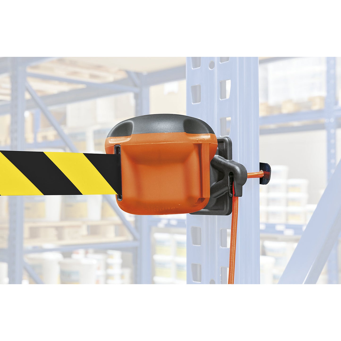Tape barrier for indoor use, belt extends to max. 9000 mm, yellow / black.