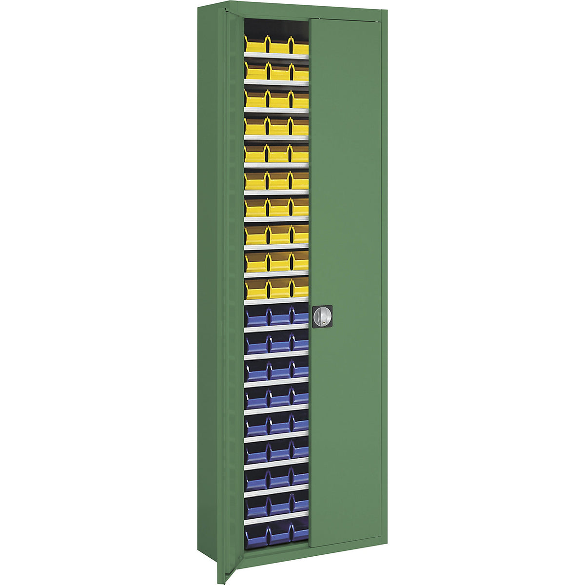 Storage cupboard with open fronted storage bins, HxWxD 2150 x 680 x 280 mm, single colour, green, 114 bins.