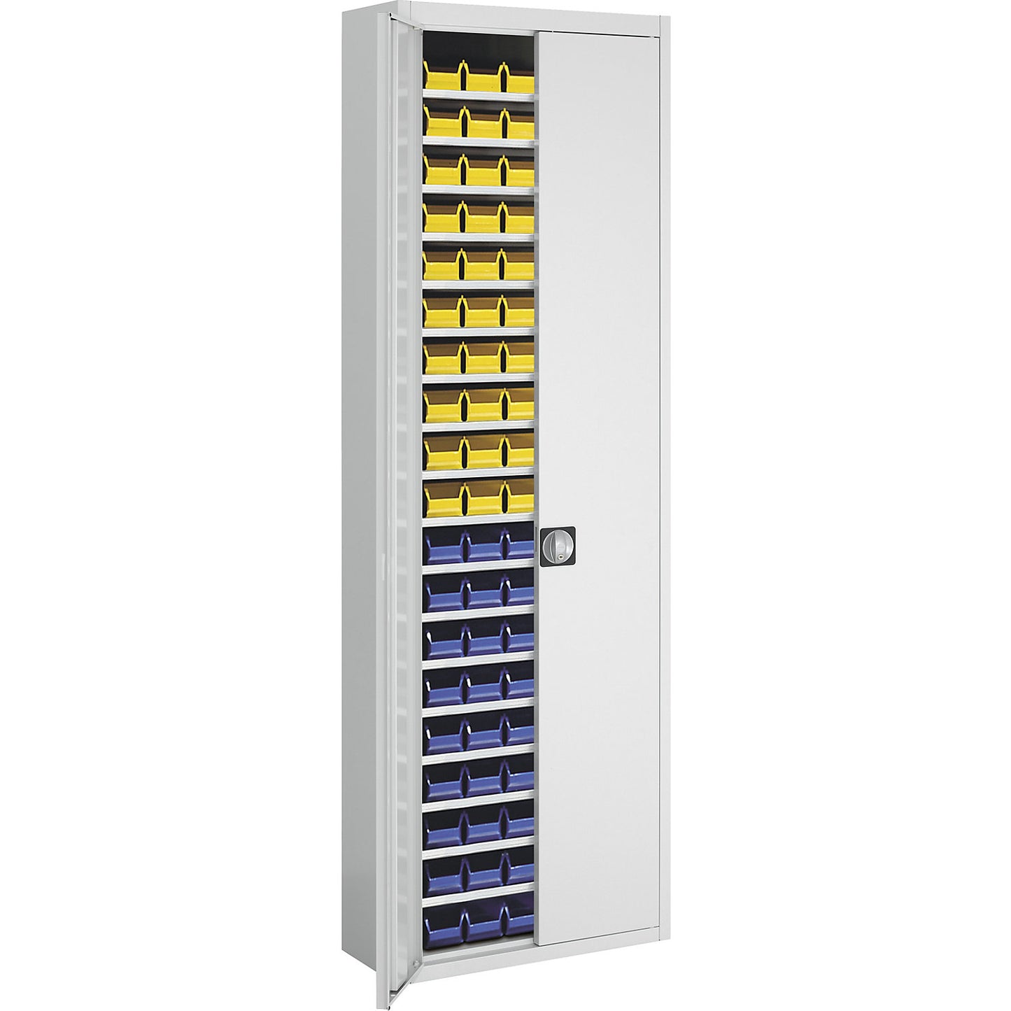 Storage cupboard with open fronted storage bins, HxWxD 2150 x 680 x 280 mm, single colour, grey, 114 bins.