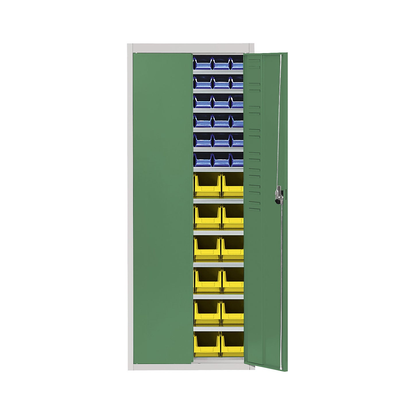 Storage cupboard with open fronted storage bins, HxWxD 1740 x 680 x 280 mm, two-colour, grey body, green doors, 60 bins.