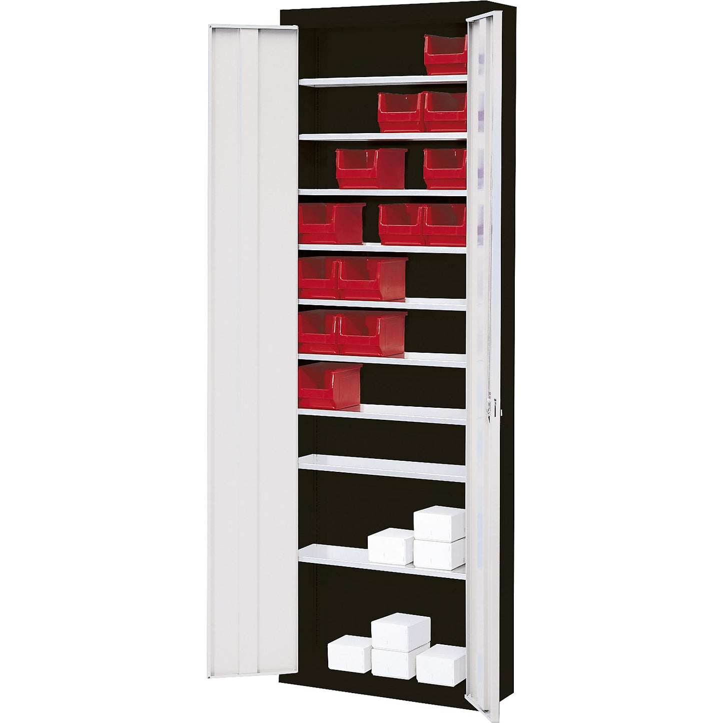Storage cupboard, without open fronted storage bins, HxWxD 2150 x 680 x 280 mm, two-colour, black body, grey doors.