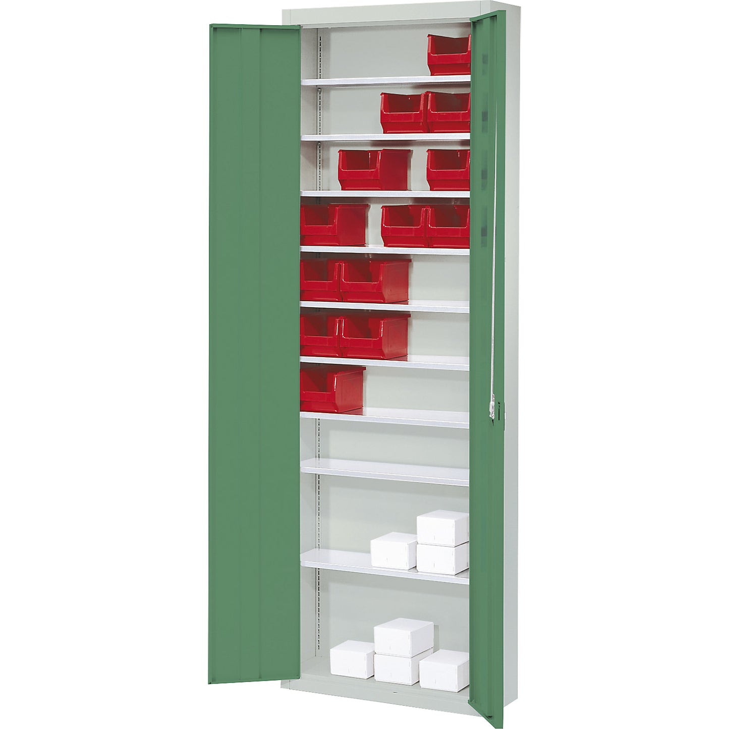 Storage cupboard, without open fronted storage bins, HxWxD 2150 x 680 x 280 mm, two-colour, grey body, green doors.
