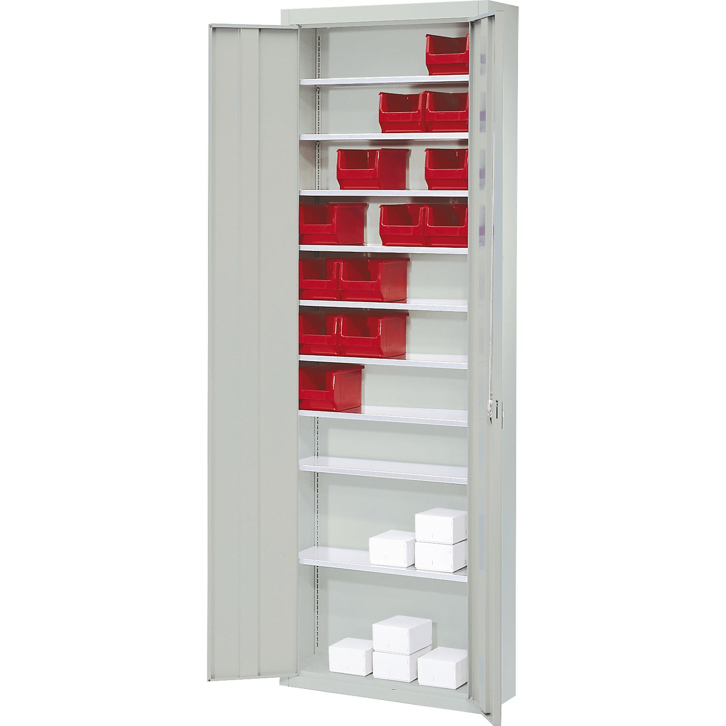 Storage cupboard, without open fronted storage bins, HxWxD 2150 x 680 x 280 mm, single colour, grey.