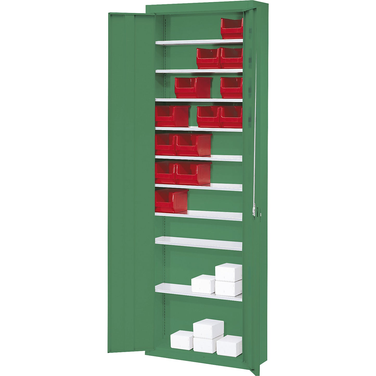 Storage cupboard, without open fronted storage bins, HxWxD 2150 x 680 x 280 mm, single colour, green.
