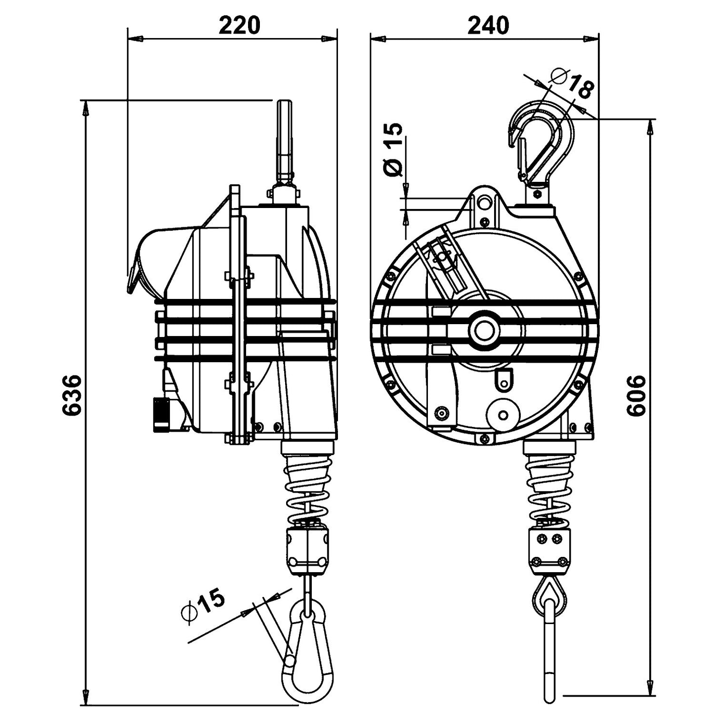 Balancer, cable length 2000 mm, manual drum locking, max. load 20 - 25 kg.