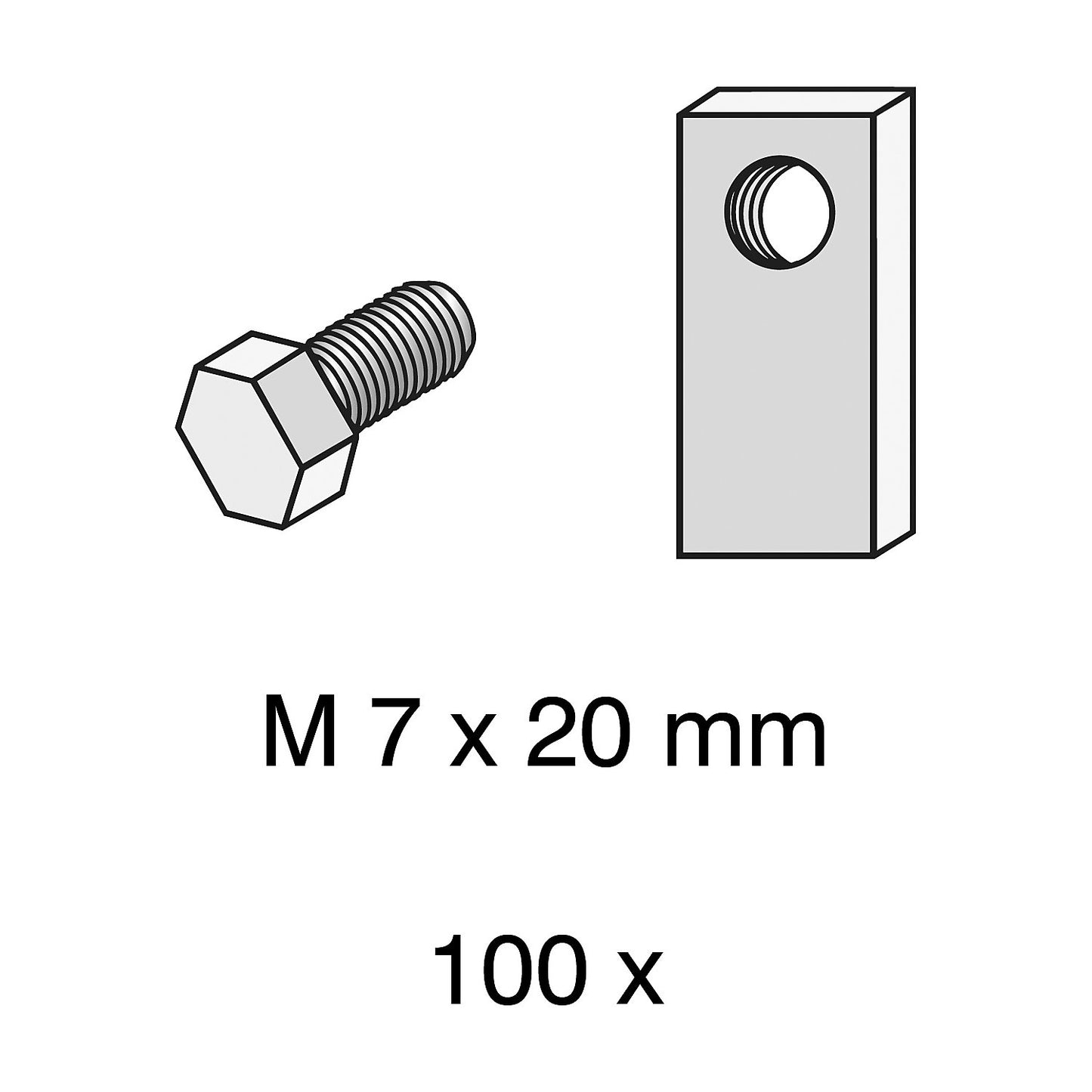 Screws, M 7 x 20 mm, pack of 100, with special nuts.