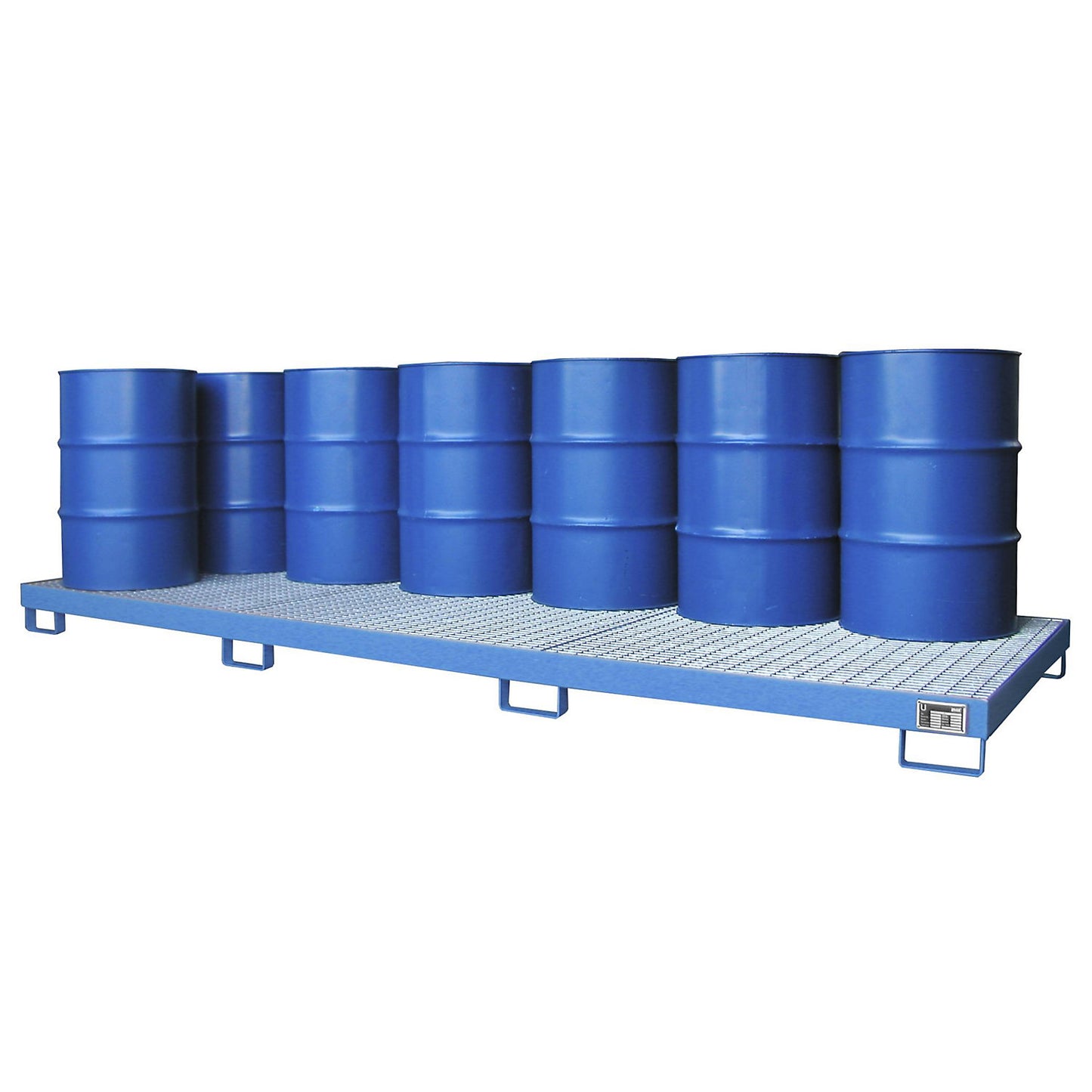 Steel sump tray, sump capacity 333 l, for 12 x 200 l drums, blue.