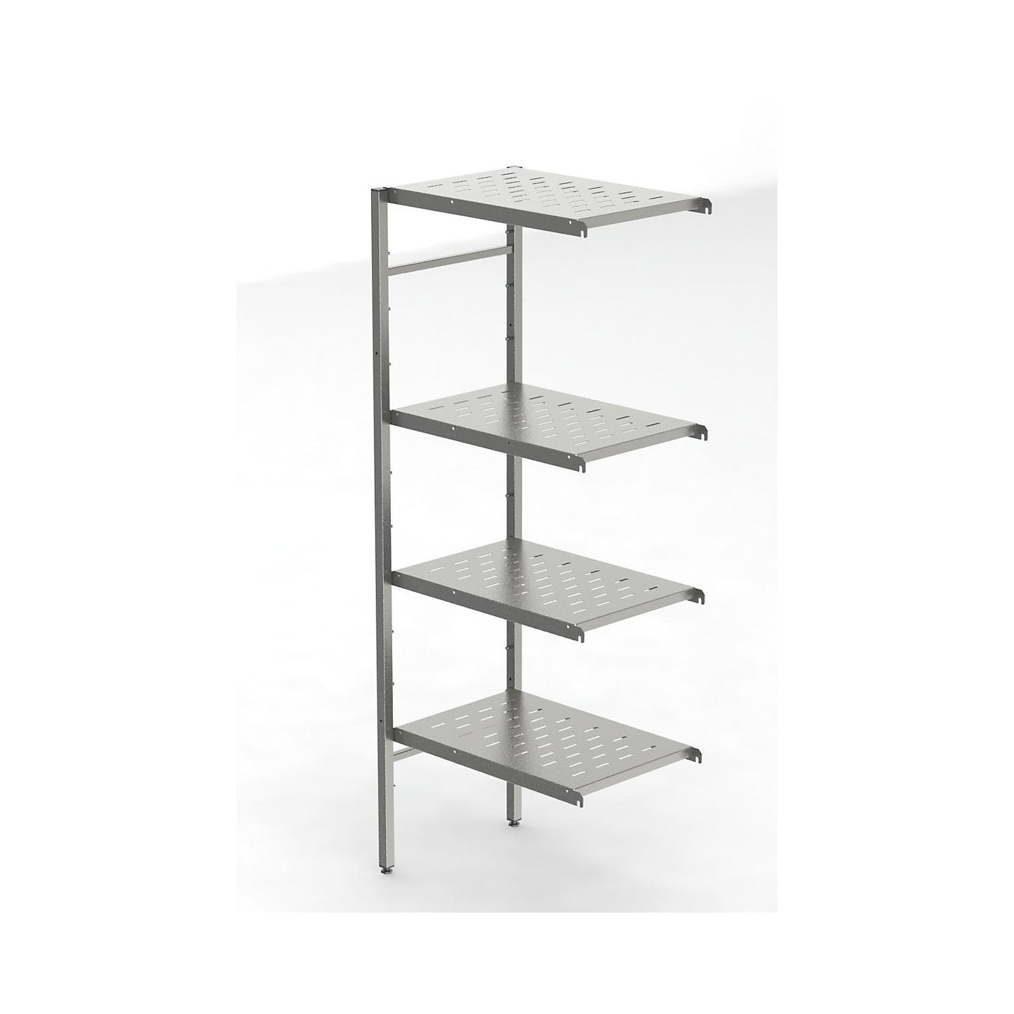 Stainless steel boltless shelf unit, 4 perforated shelves, shelf width x depth 640 x 440 mm, extension shelf unit.