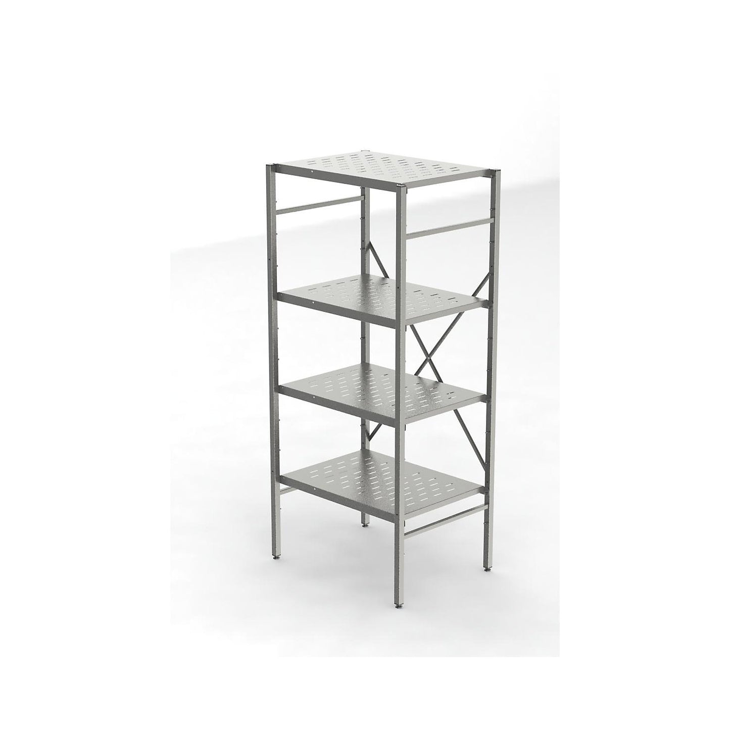 Stainless steel boltless shelf unit, 4 perforated shelves, shelf width x depth 740 x 540 mm, standard shelf unit.