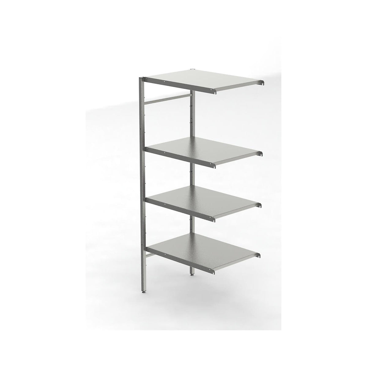 Stainless steel boltless shelf unit, 4 smooth shelves, shelf width x depth 740 x 540 mm, extension shelf unit.