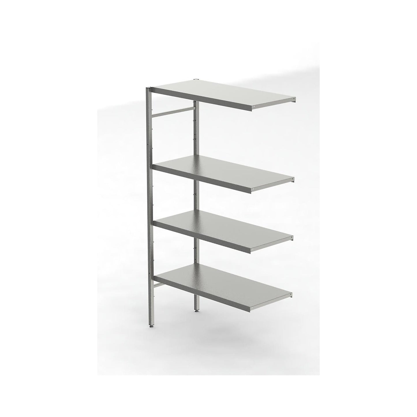 Stainless steel boltless shelf unit, 4 smooth shelves, shelf width x depth 940 x 440 mm, corner extension shelf unit.
