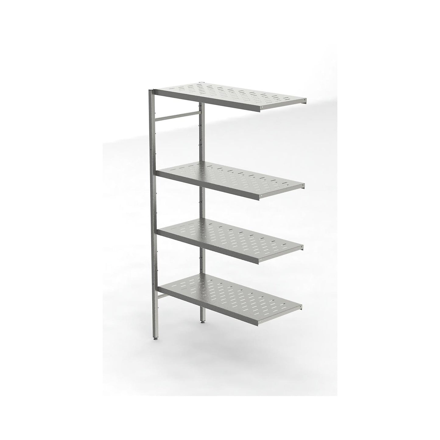 Stainless steel boltless shelf unit, 4 perforated shelves, shelf width x depth 940 x 440 mm, corner extension shelf unit.