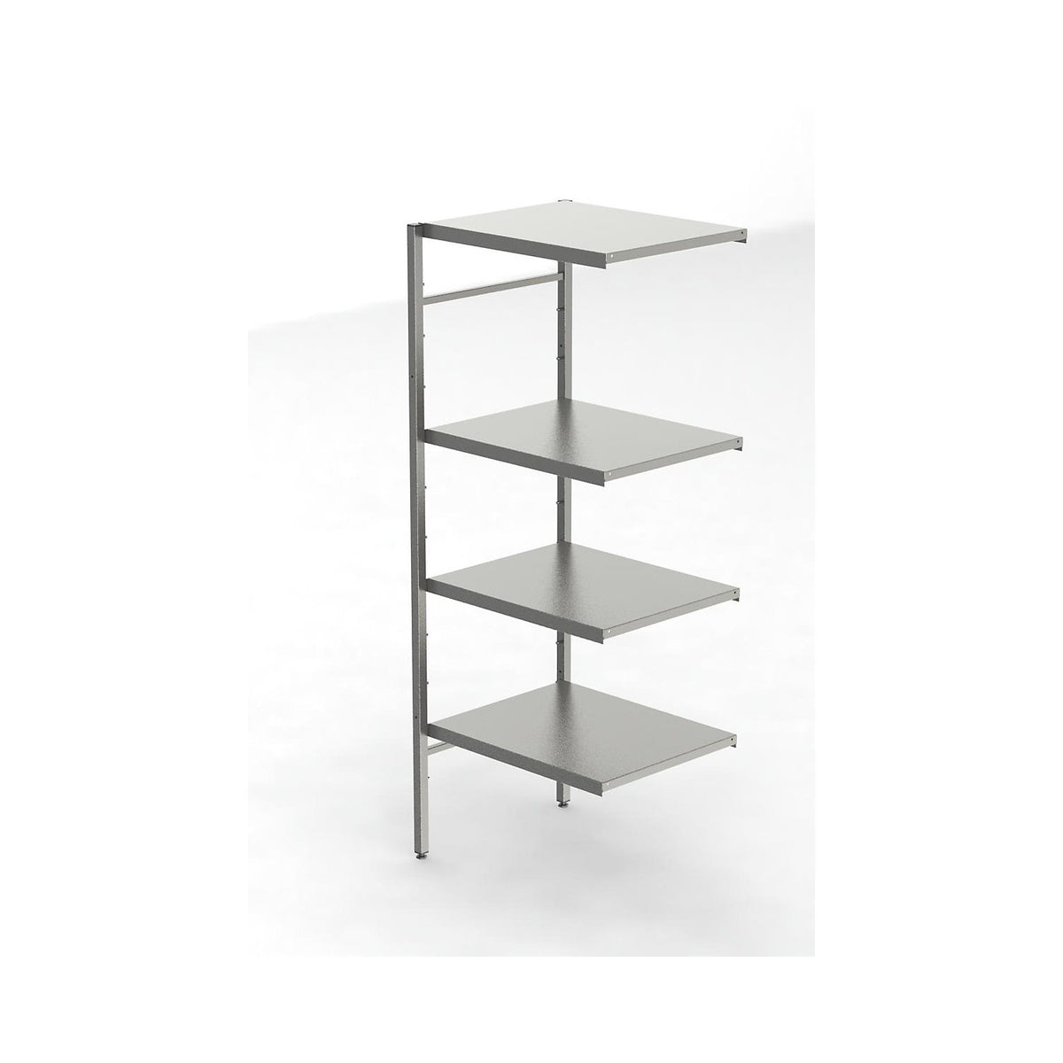 Stainless steel boltless shelf unit, 4 smooth shelves, shelf width x depth 640 x 540 mm, corner extension shelf unit.