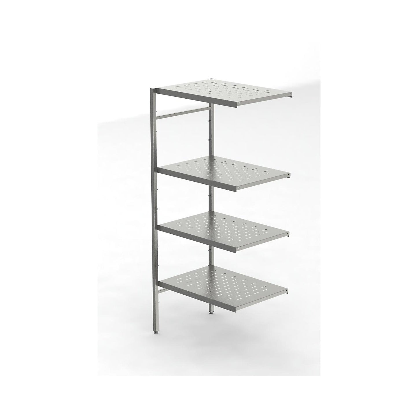 Stainless steel boltless shelf unit, 4 perforated shelves, shelf width x depth 740 x 540 mm, corner extension shelf unit.