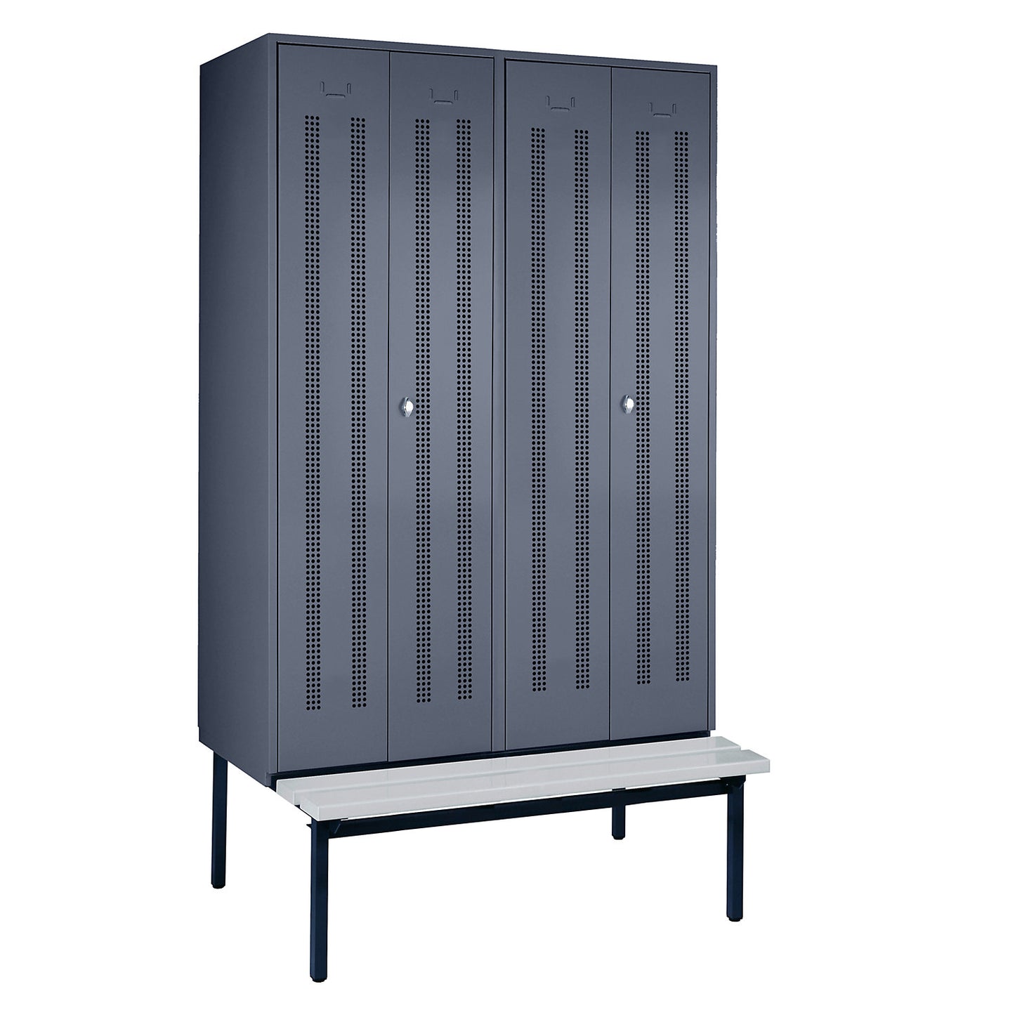 Berlin 1 clean and dirty locker with bench seat, centre divider, 2 compartments, blue grey, W 1200 mm, bench fitted below, plastic.