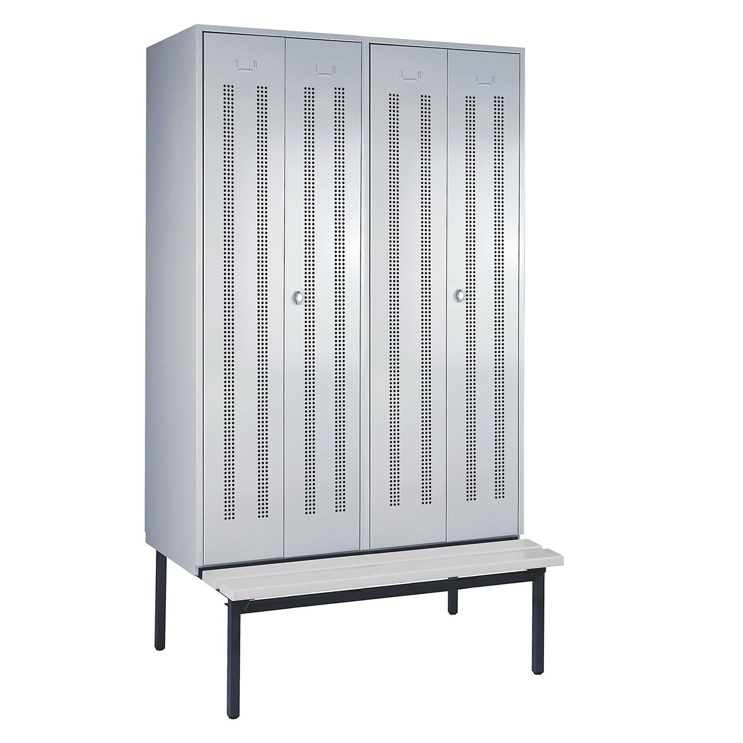 Berlin 1 clean and dirty locker with bench seat, centre divider, 2 compartments, light grey, W 1200 mm, bench fitted below, plastic.
