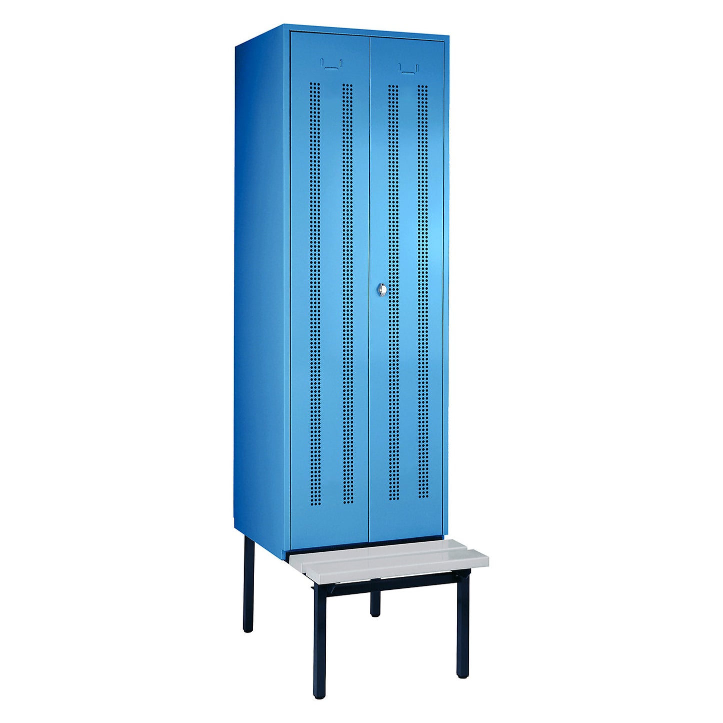 Berlin 1 clean and dirty locker with bench seat, centre divider, 1 compartment, light blue, W 600 mm, bench fitted below, plastic.