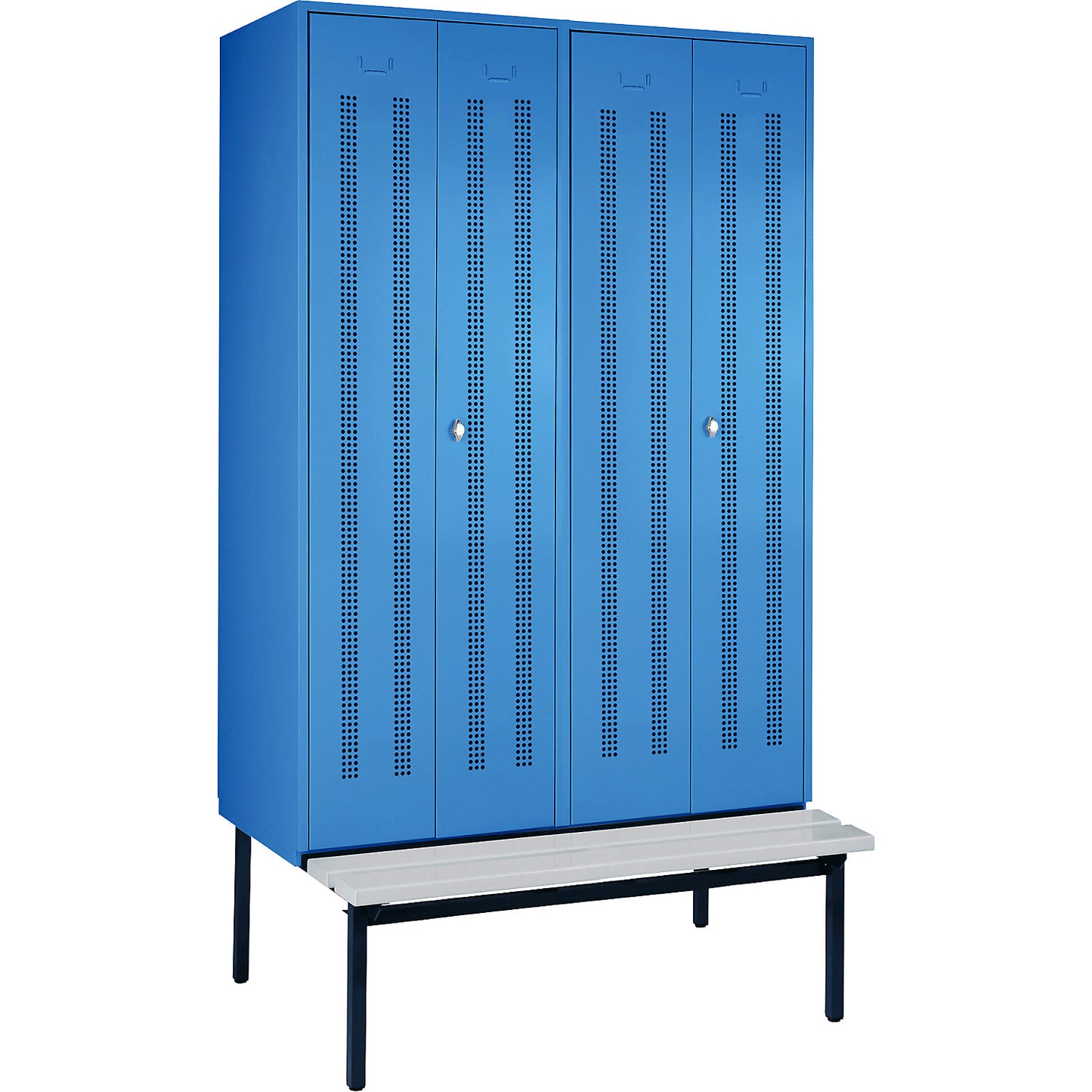Berlin 1 clean and dirty locker with bench seat, centre divider, 2 compartments, light blue, W 1200 mm, bench fitted below, plastic.