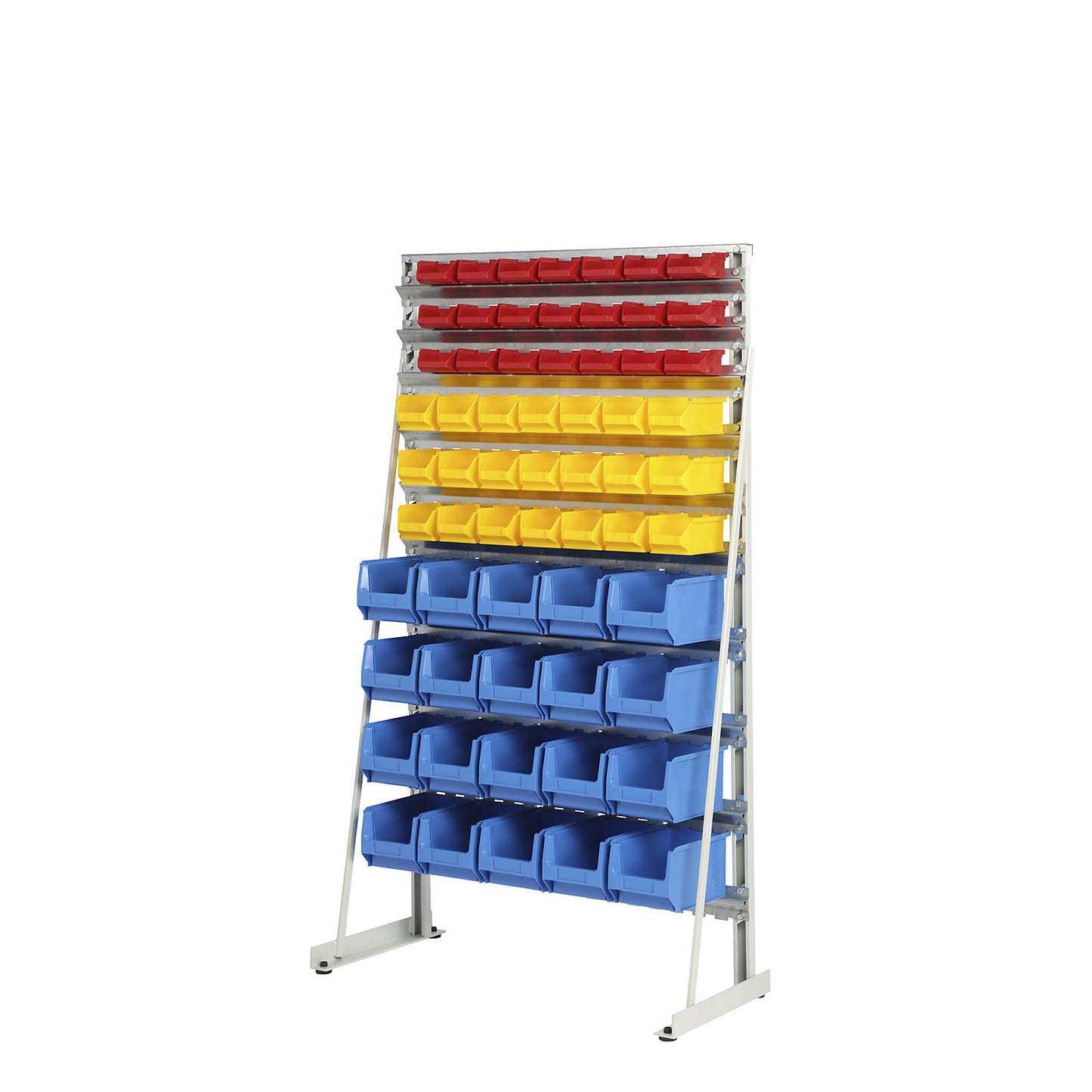 Free-standing small parts shelf unit with open fronted storage bins, single sided, with 62 open-fronted storage bins.