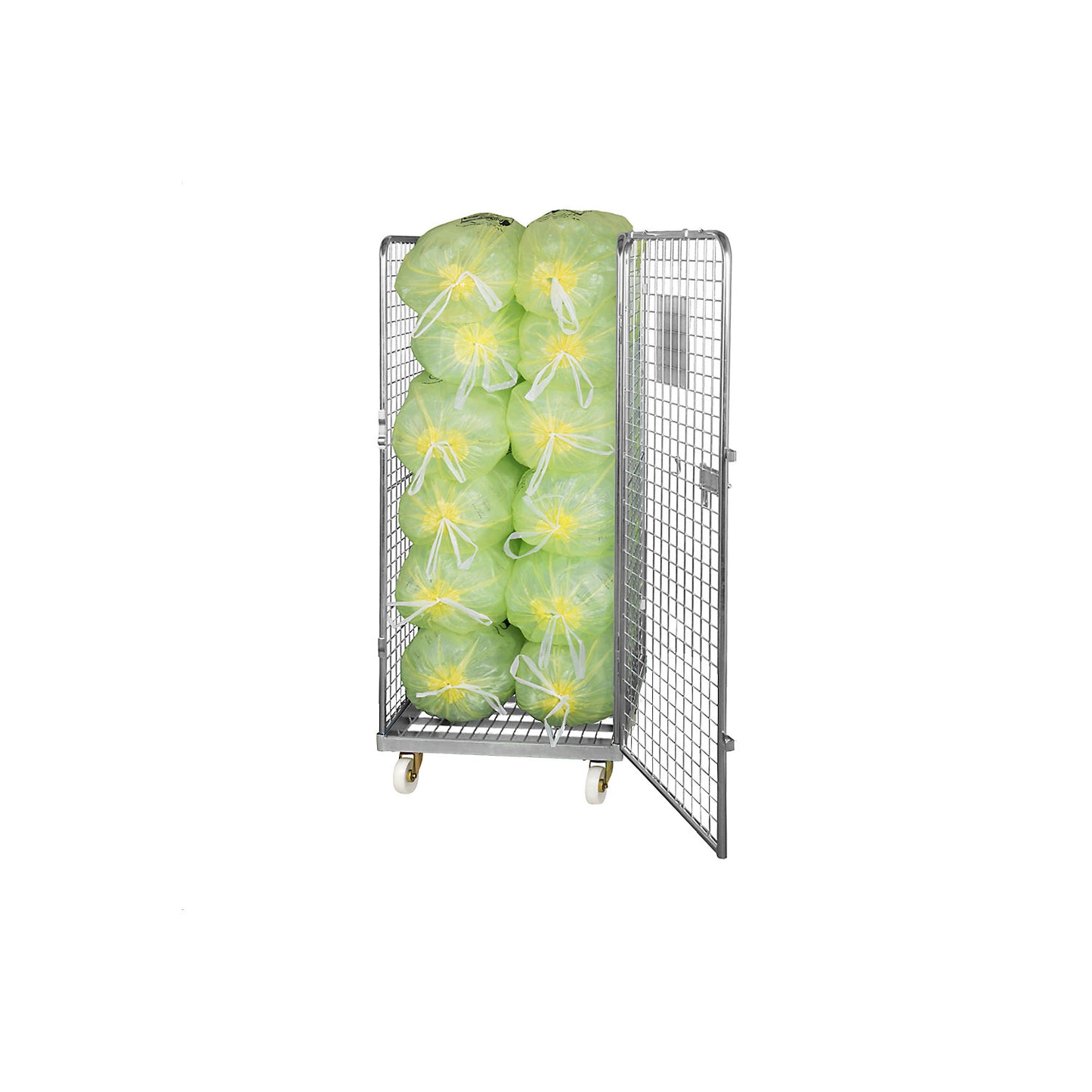 Wire mesh container with steel dolly, 4-sided, effective height 1585 mm.