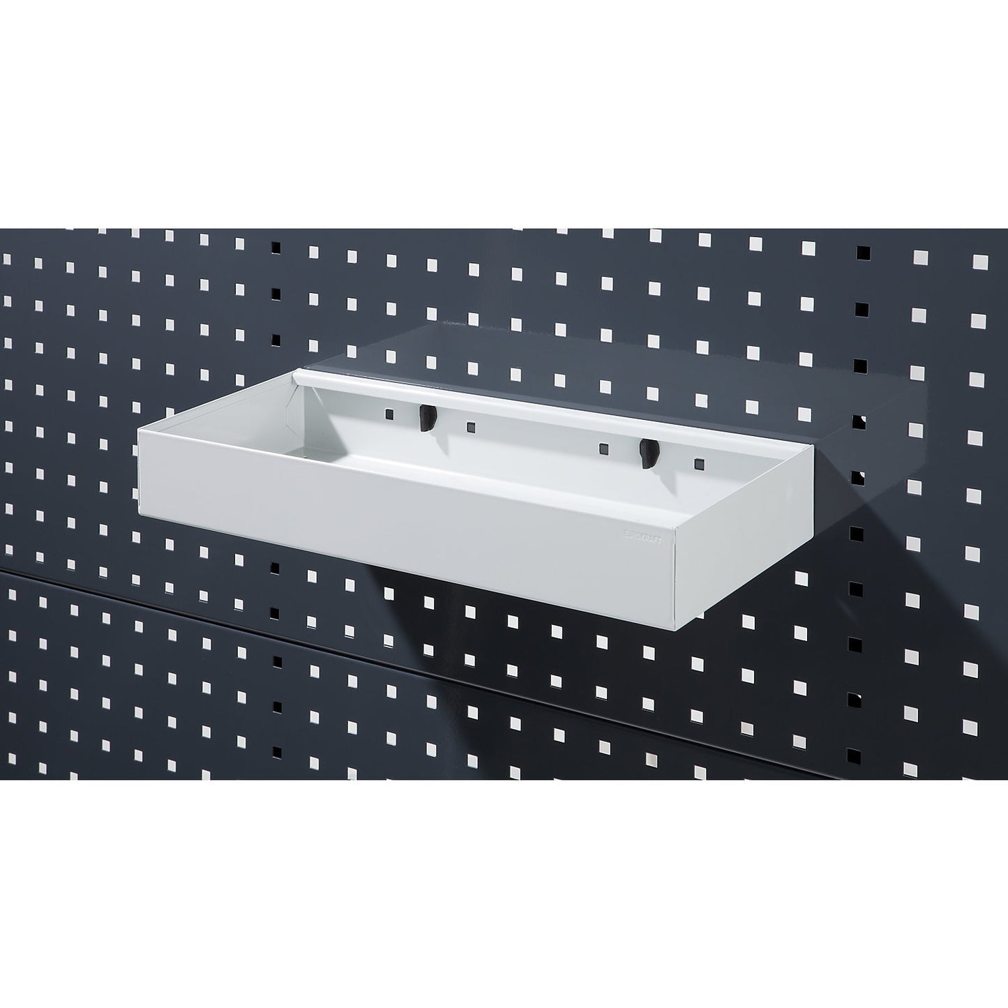 Storage bin made of sheet steel, light grey, WxDxH 440 x 175 x 65 mm.