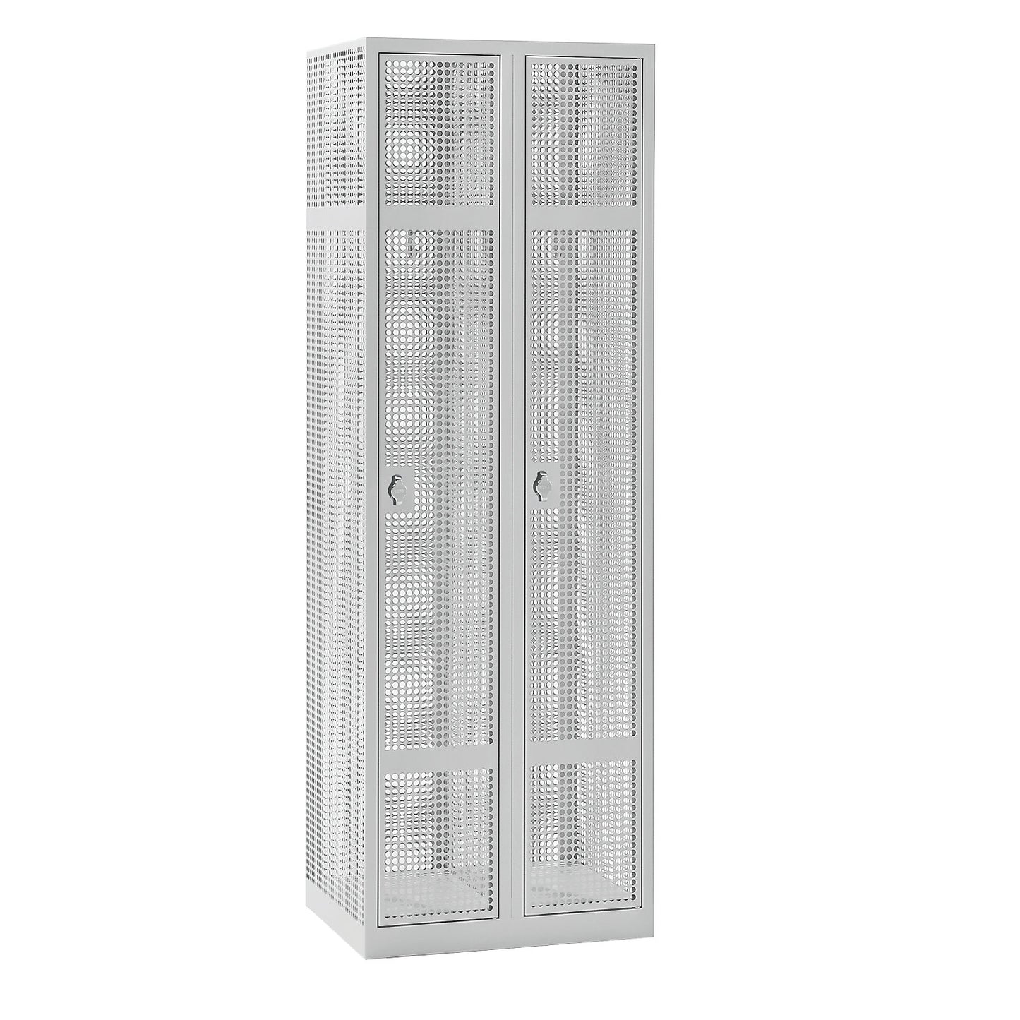 Perforated sheet steel locker, 2 compartments, light grey, W 600 mm, rotary bolt.