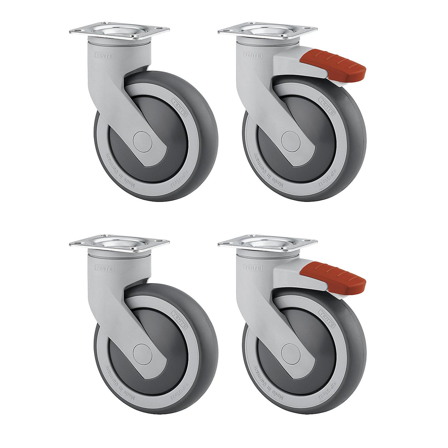Plastic castor, offered as a set, 2 swivel castors with double stop and 2 swivel castors, mounting plate, wheel Ø x width 100 x 32 mm.