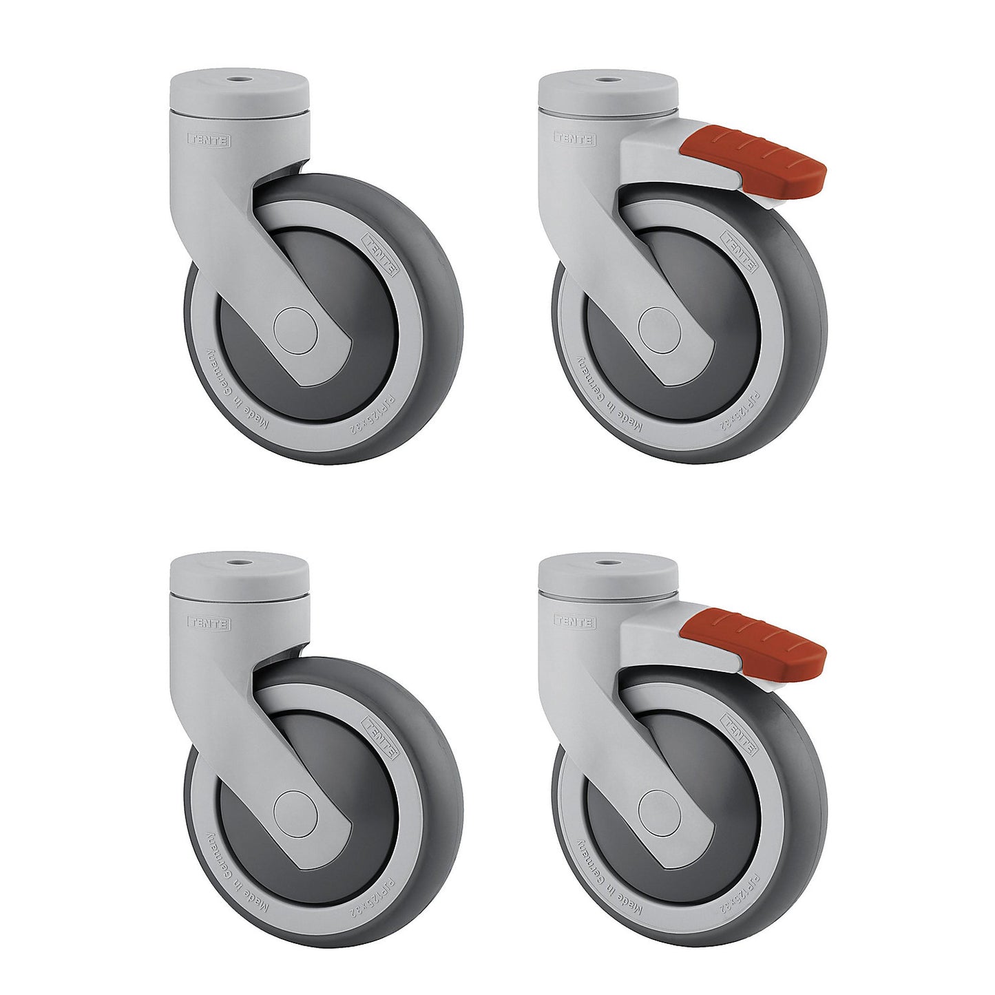 Plastic castor, offered as a set, 2 swivel castors with double stop and 2 swivel castors, bolt hole, wheel Ø x width 100 x 32 mm.