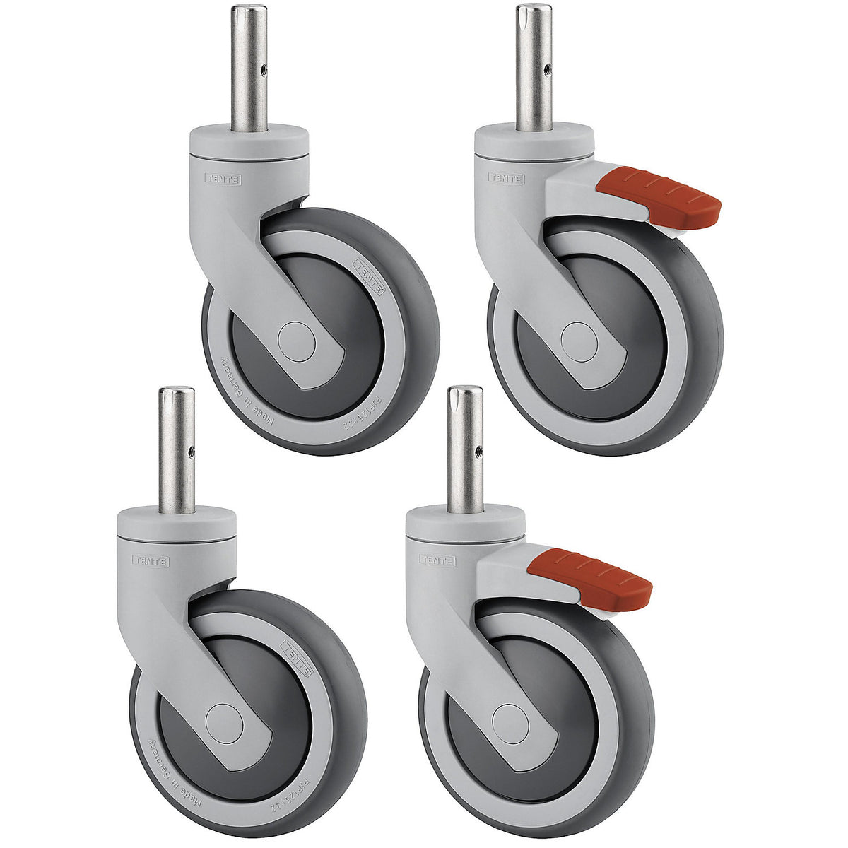 Plastic castor, offered as a set, 2 swivel castors with double stop and 2 swivel castors, pins, wheel Ø x width 125 x 32 mm.