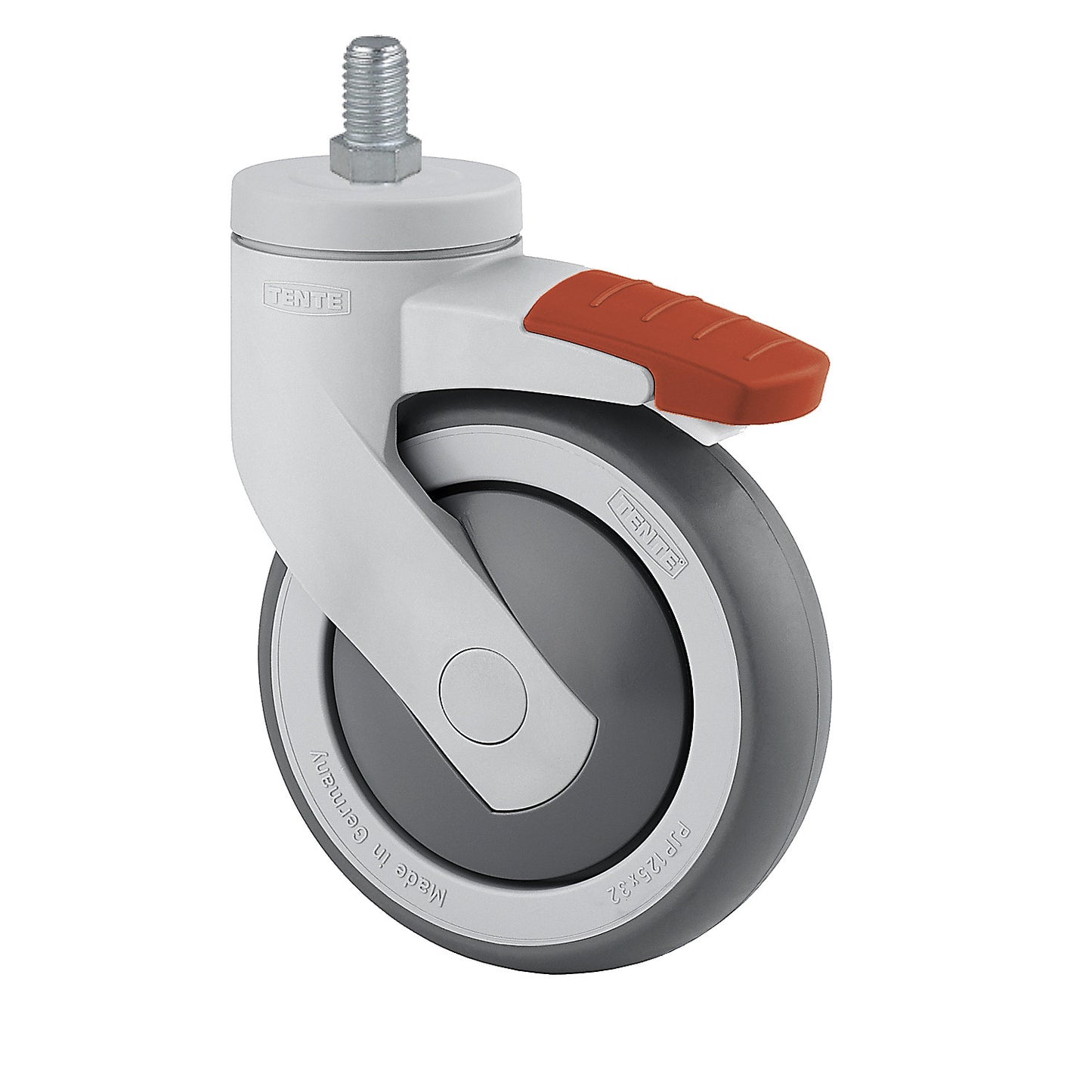 Plastic castor with threaded pin, wheel Ø x width 75 x 25 mm, swivel castor with double stop.