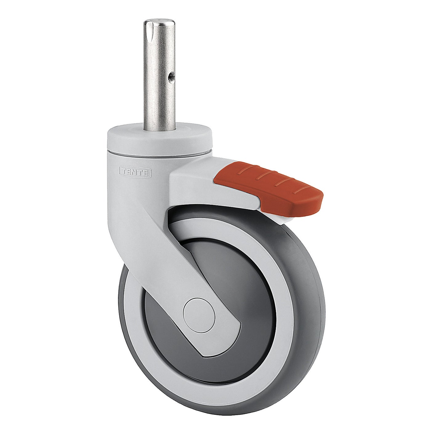 Plastic castor with pins, wheel Ø x width 100 x 32 mm, swivel castor with double stop.