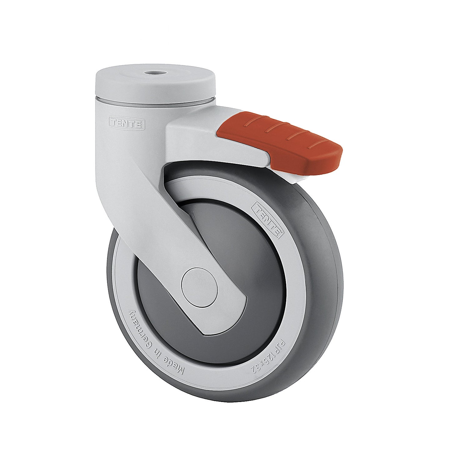 Plastic castor with bolt hole, wheel Ø x width 100 x 32 mm, swivel castor with double stop.